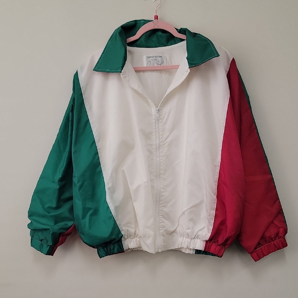 Vintage Colorblock Windbreaker Jacket - White, Green & Red